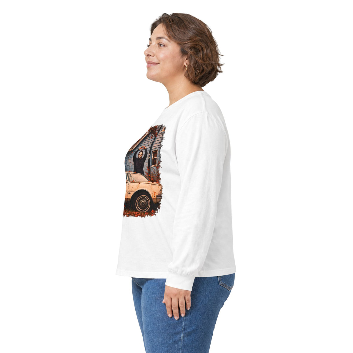Long Sleeve Horror Movie Tee — Iconic Car & House Scene Graphic T-Shirt