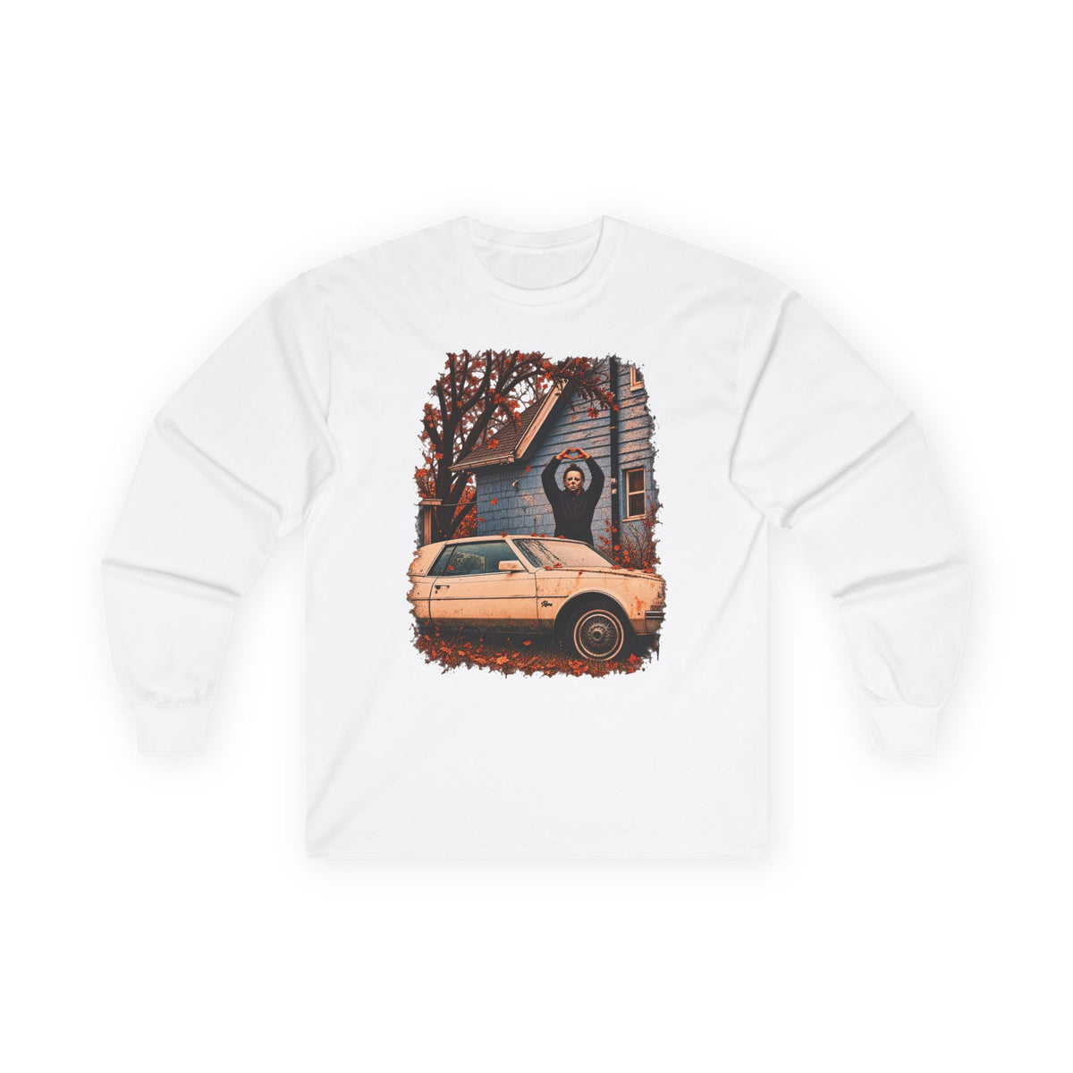 Long Sleeve Horror Movie Tee — Iconic Car & House Scene Graphic T-Shirt