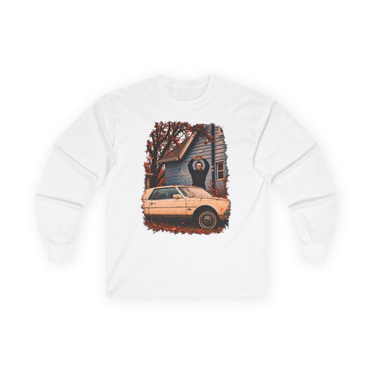 Long Sleeve Horror Movie Tee — Iconic Car & House Scene Graphic T-Shirt