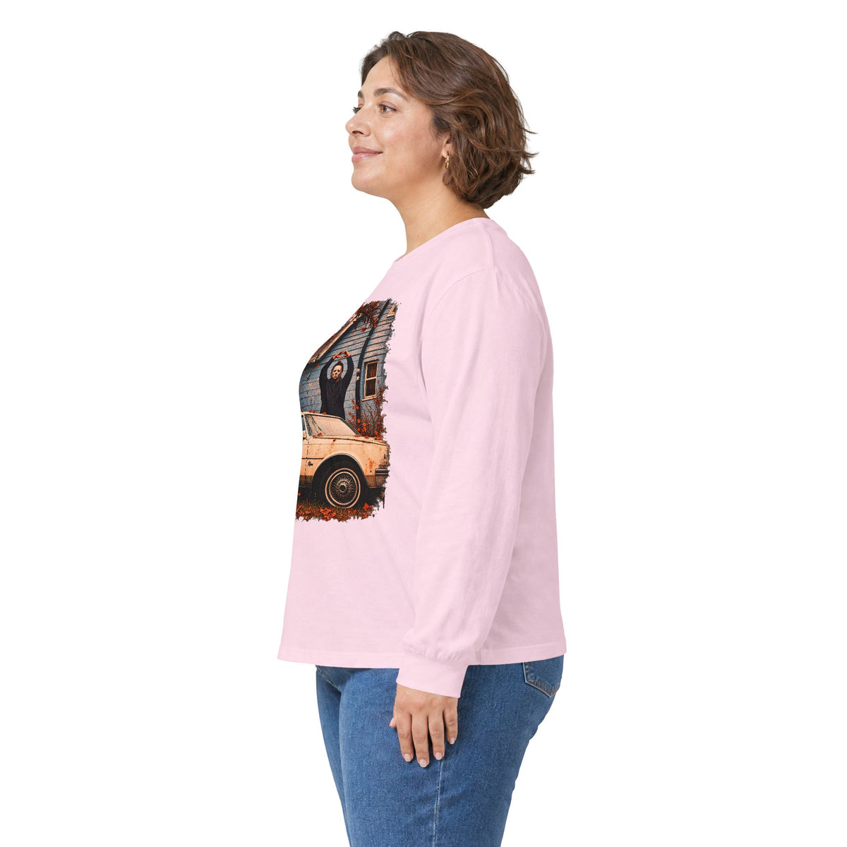 Long Sleeve Horror Movie Tee — Iconic Car & House Scene Graphic T-Shirt