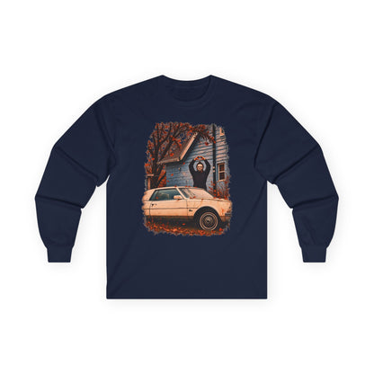 Long Sleeve Horror Movie Tee — Iconic Car & House Scene Graphic T-Shirt