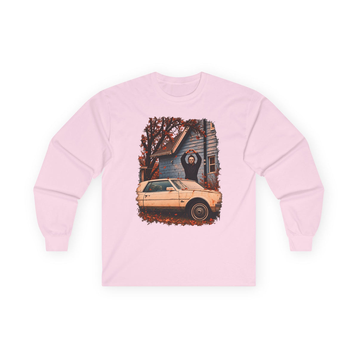 Long Sleeve Horror Movie Tee — Iconic Car & House Scene Graphic T-Shirt