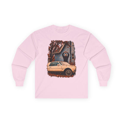 Long Sleeve Horror Movie Tee — Iconic Car & House Scene Graphic T-Shirt