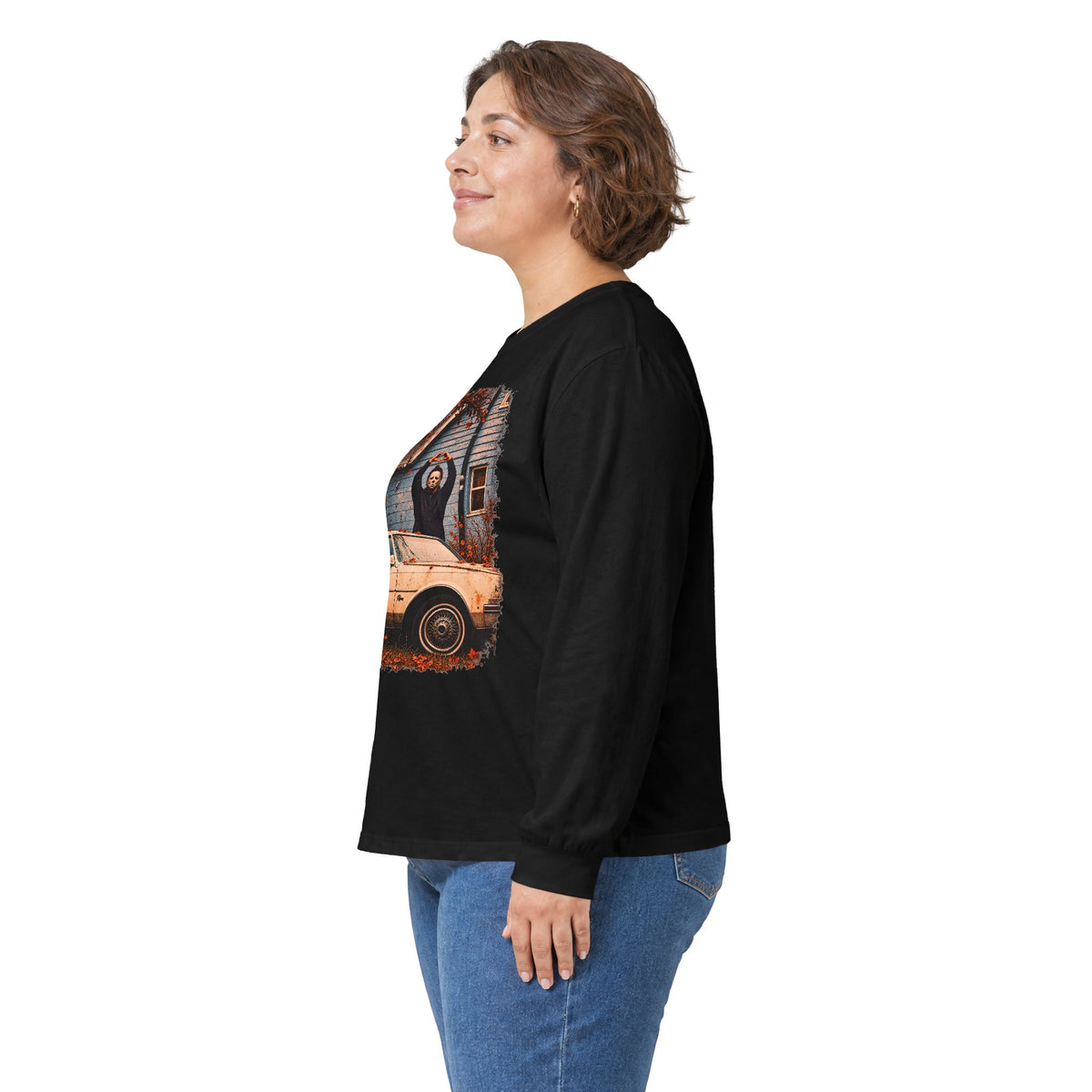 Long Sleeve Horror Movie Tee — Iconic Car & House Scene Graphic T-Shirt