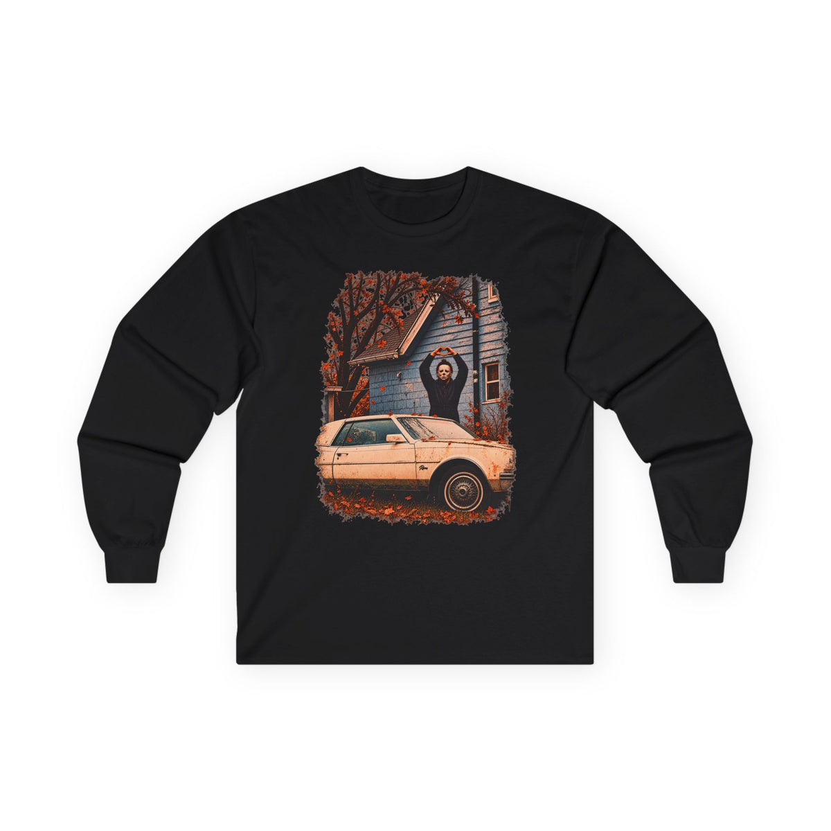 Long Sleeve Horror Movie Tee — Iconic Car & House Scene Graphic T-Shirt