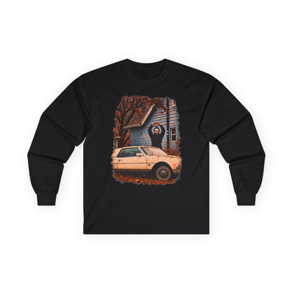 Long Sleeve Horror Movie Tee — Iconic Car & House Scene Graphic T-Shirt