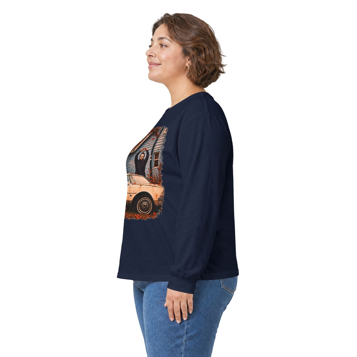 Long Sleeve Horror Movie Tee — Iconic Car & House Scene Graphic T-Shirt