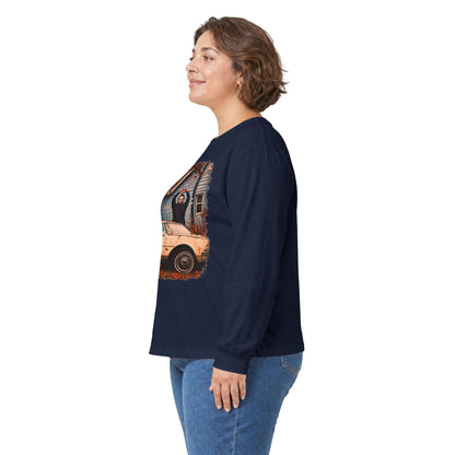 Long Sleeve Horror Movie Tee — Iconic Car & House Scene Graphic T-Shirt